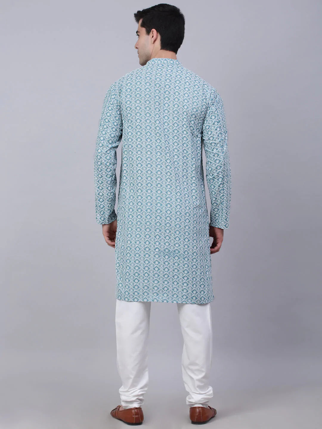 Jompers Men's Teal Blue & White embroidered Straight Kurta Pyjama Set - Distacart
