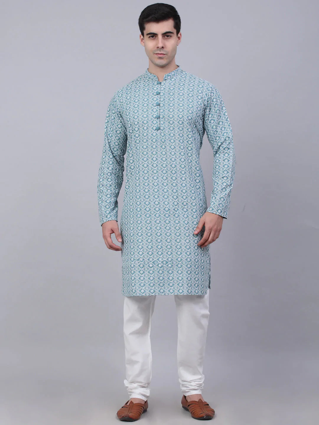 Jompers Men's Teal Blue & White embroidered Straight Kurta Pyjama Set - Distacart