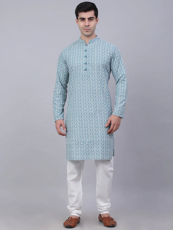 Jompers Men's Teal Blue & White embroidered Straight Kurta Pyjama Set - Distacart