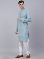 Thumbnail for Jompers Men's Teal Blue & White embroidered Straight Kurta Pyjama Set - Distacart