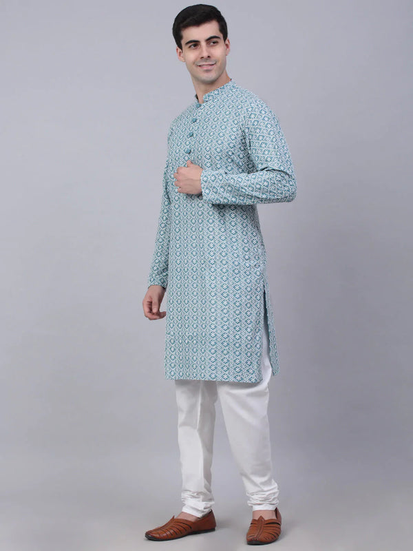Jompers Men's Teal Blue & White embroidered Straight Kurta Pyjama Set - Distacart