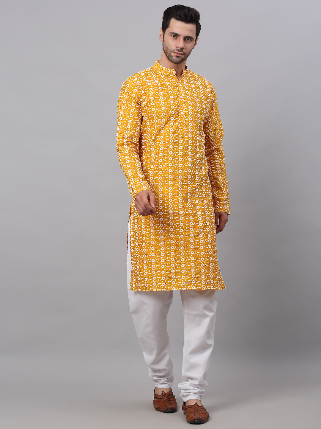 Jompers Men's Mustard Embroidered Kurta with Pyjamas - Distacart