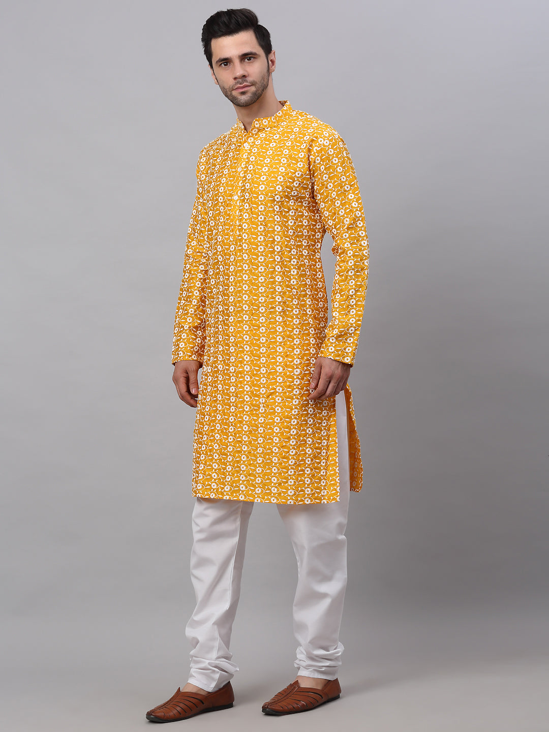 Jompers Men's Mustard Embroidered Kurta with Pyjamas - Distacart