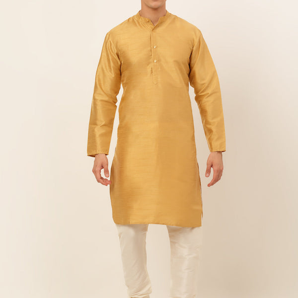 Jompers Men's Solid Dupion Silk Kurta Payjama Set - Dark-Golden - Distacart