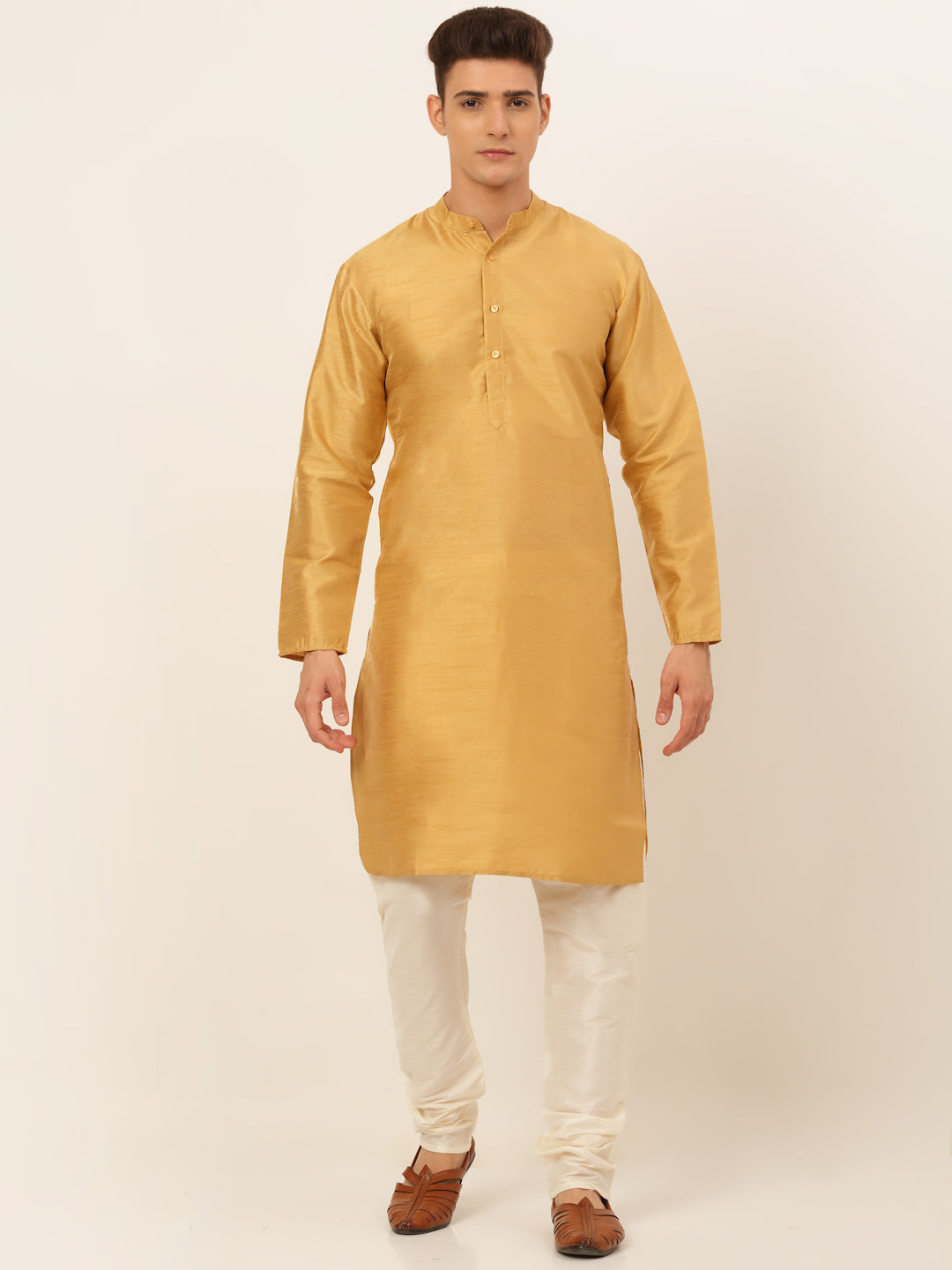Jompers Men's Solid Dupion Silk Kurta Payjama Set - Dark-Golden - Distacart