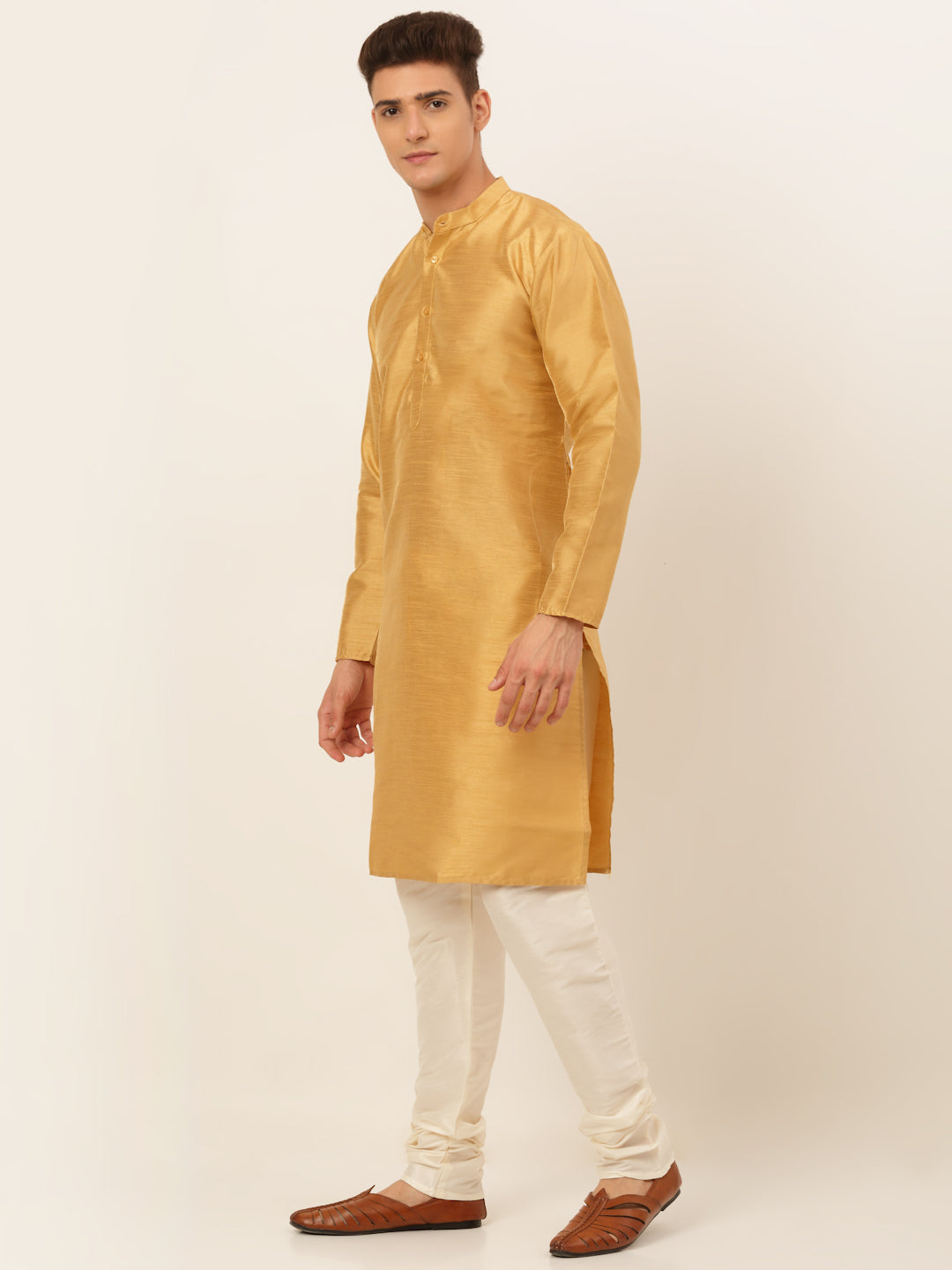 Jompers Men's Solid Dupion Silk Kurta Payjama Set - Dark-Golden - Distacart