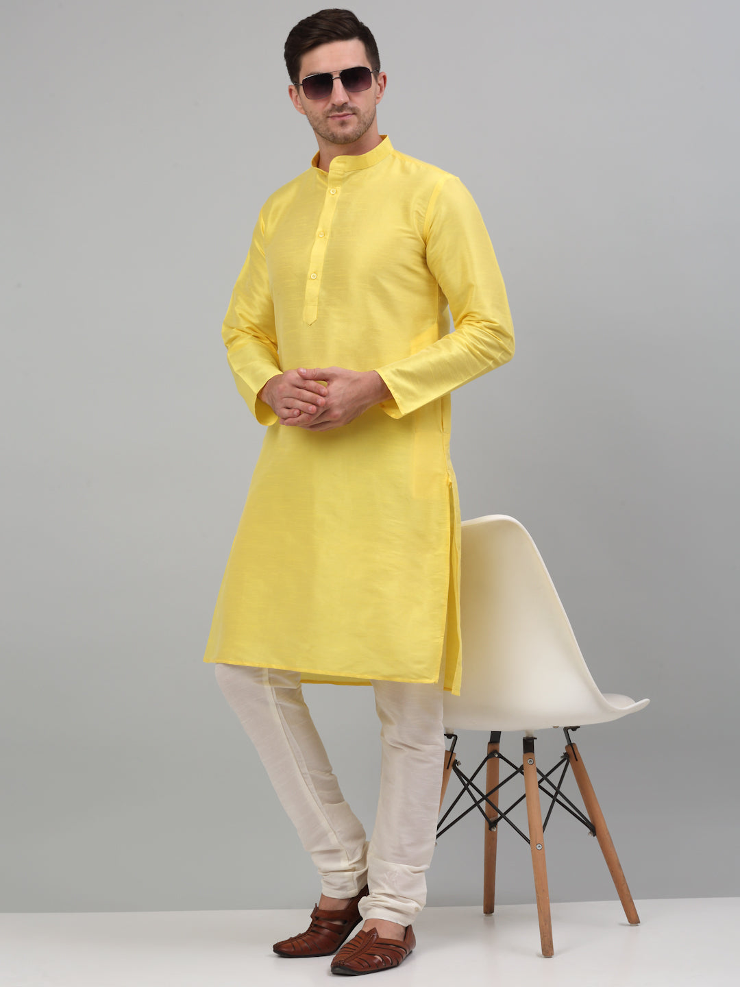 Jompers Men's Lemon Yellow Dupion Silk Kurta with Churidar - Distacart