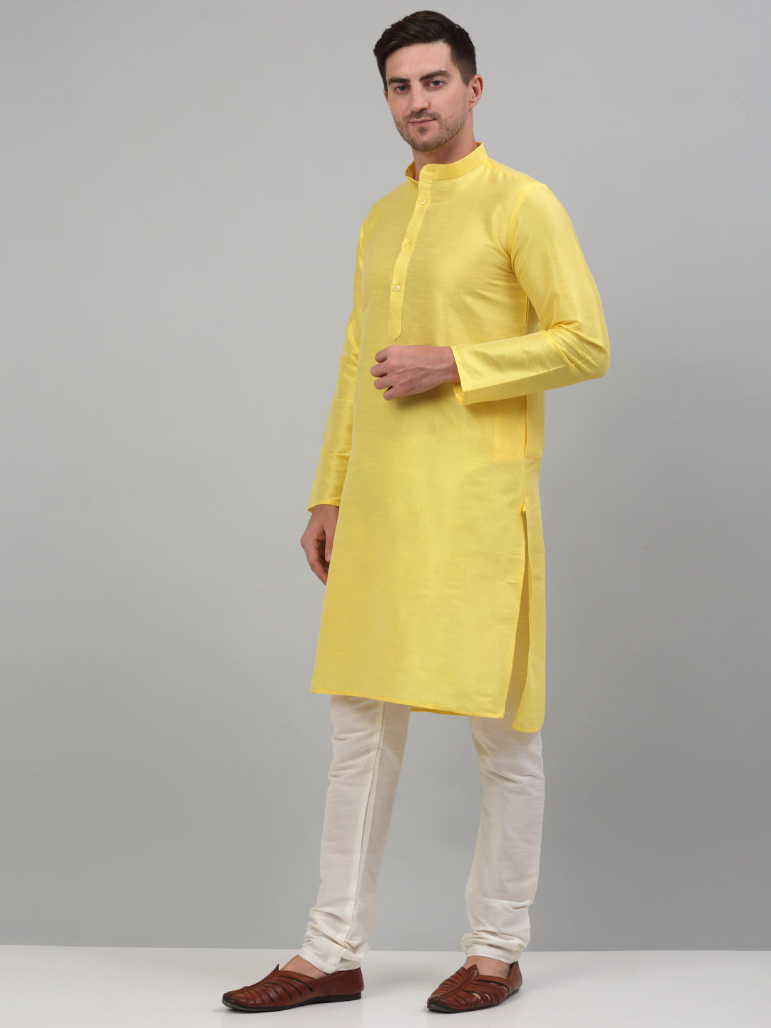 Jompers Men's Lemon Yellow Dupion Silk Kurta with Churidar - Distacart