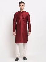 Thumbnail for Jompers Men's Maroon Solid Dupion Silk Kurta Payjama Set - Distacart