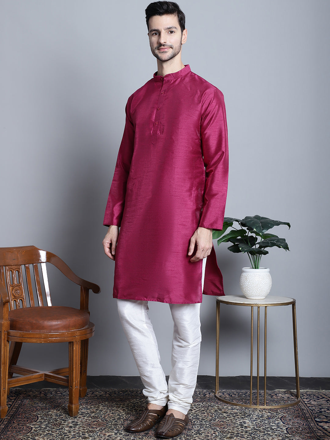 Jompers Men's Purple Dupion Silk Kurta with Churidar - Purple - Distacart