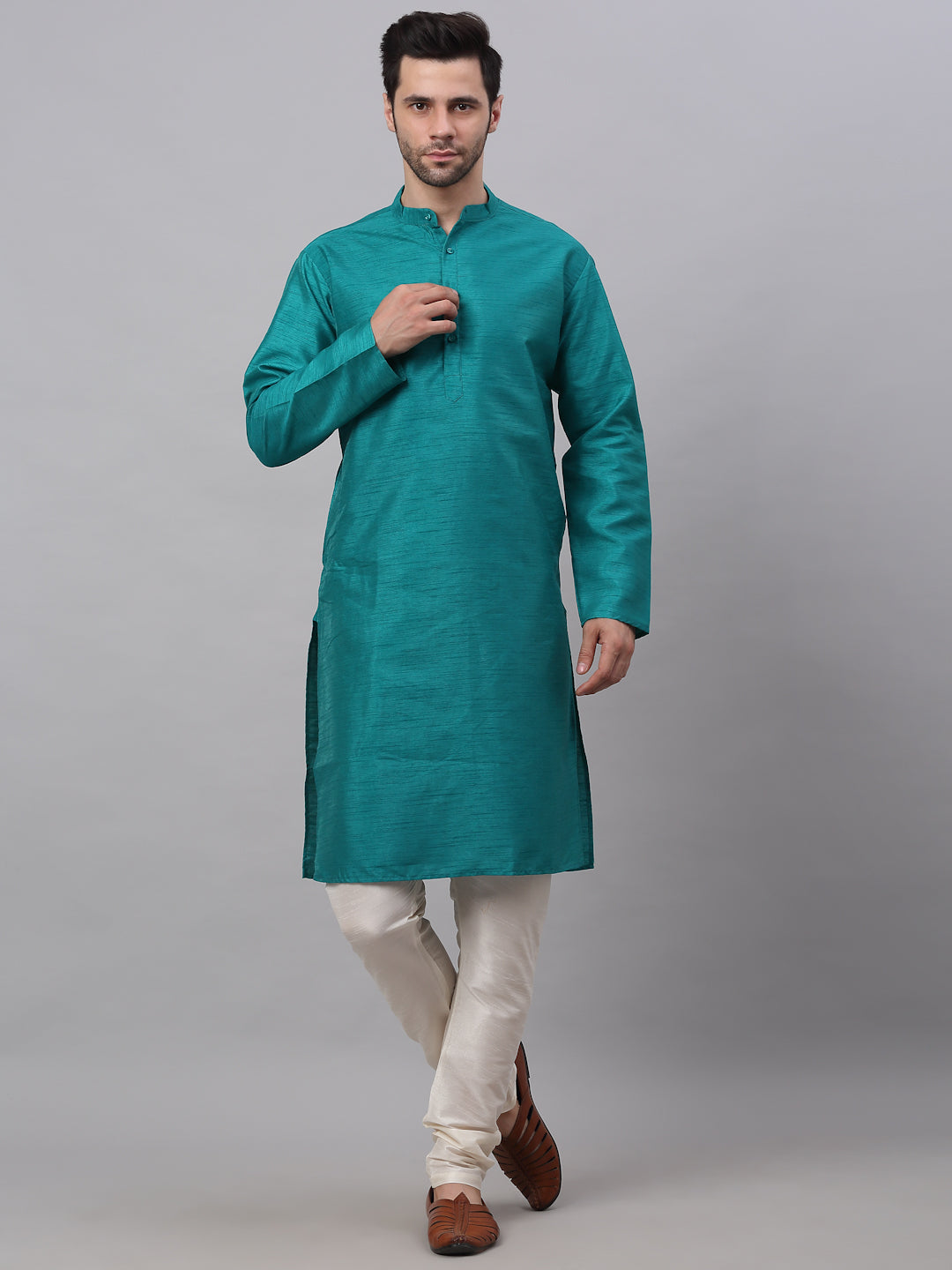 Jompers Men's Solid Dupion Silk Kurta Payjama Set - Teal - Distacart