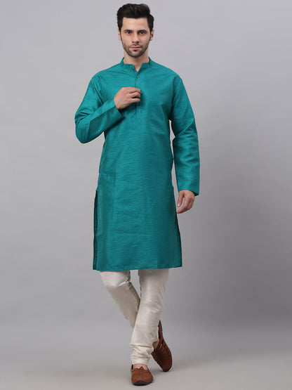 Jompers Men's Solid Dupion Silk Kurta Payjama Set - Teal - Distacart