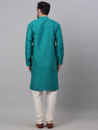 Jompers Men's Solid Dupion Silk Kurta Payjama Set - Teal - Distacart