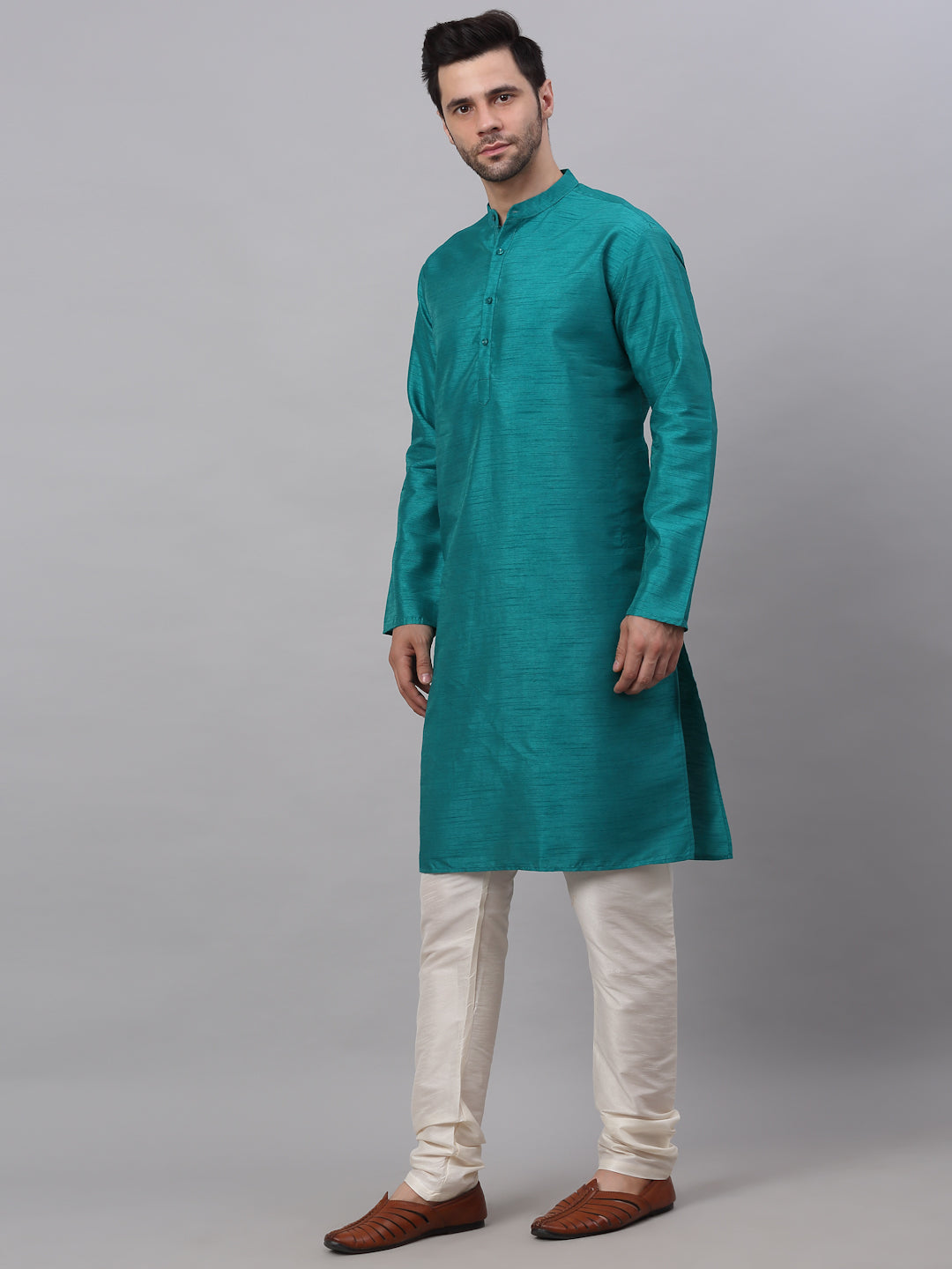 Jompers Men's Solid Dupion Silk Kurta Payjama Set - Teal - Distacart