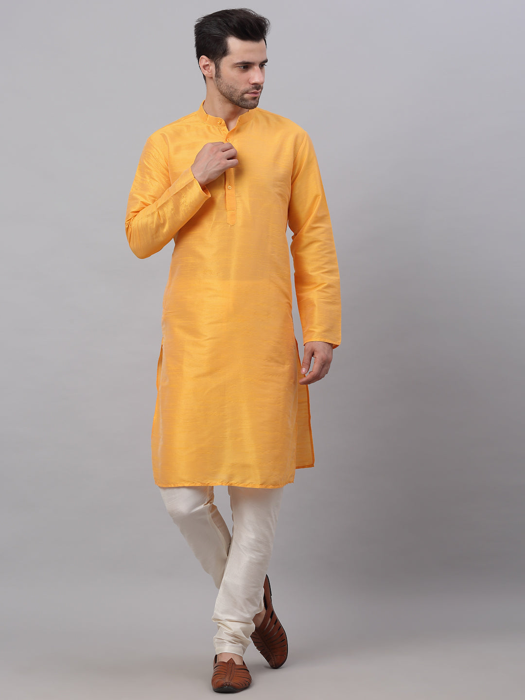 Jompers Men's Solid Dupion Silk Kurta Payjama Set - Yellow - Distacart