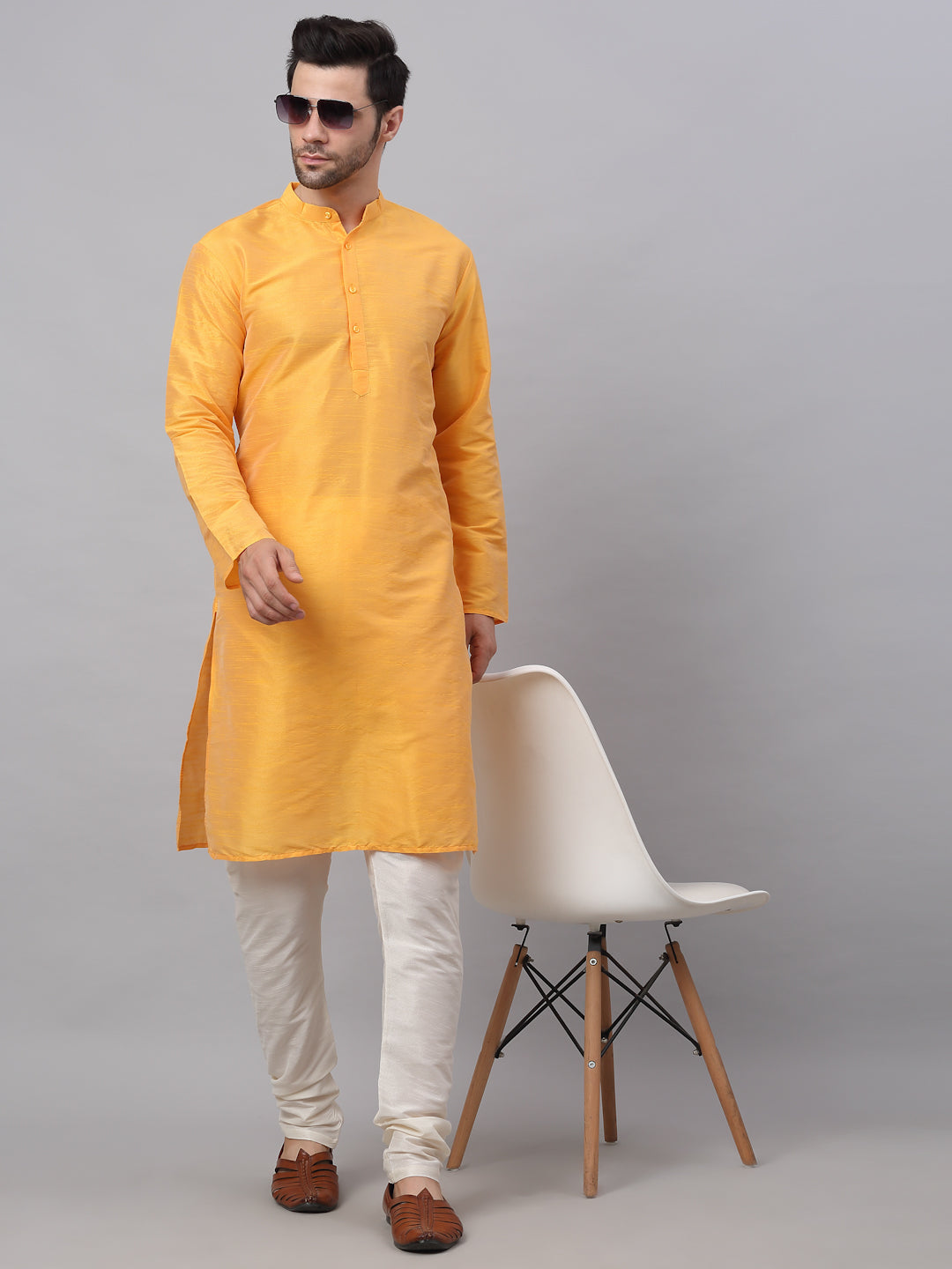 Jompers Men's Solid Dupion Silk Kurta Payjama Set - Yellow - Distacart