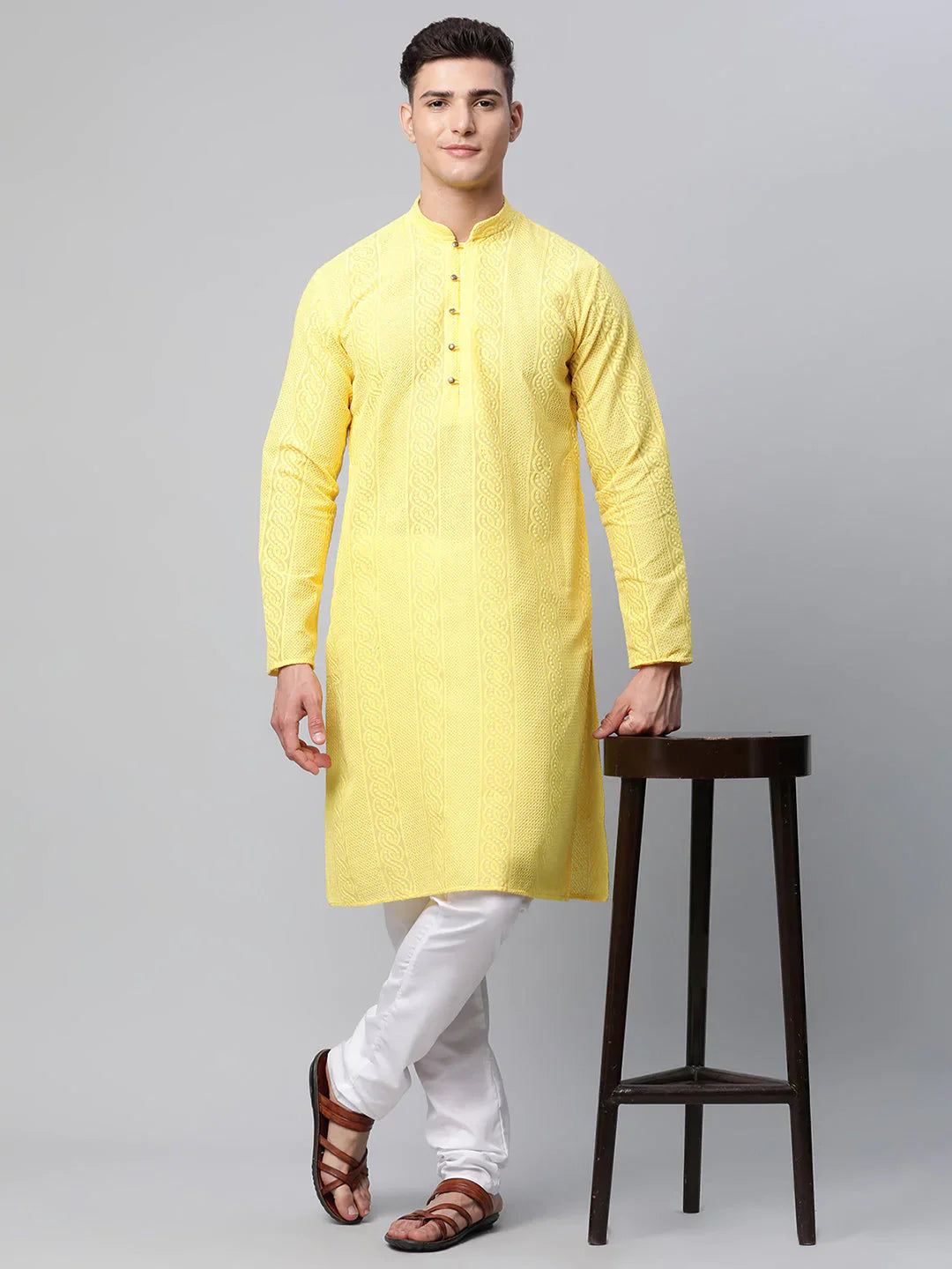 Jompers Men's Embroiderd Kurta Pajama - Lemon - Distacart