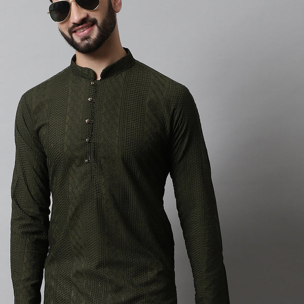 Jompers Men's Embroiderd Kurta Pajama - Olive - Distacart