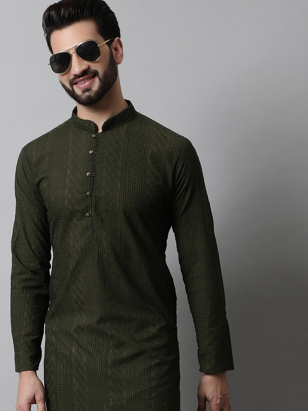 Jompers Men's Embroiderd Kurta Pajama - Olive - Distacart
