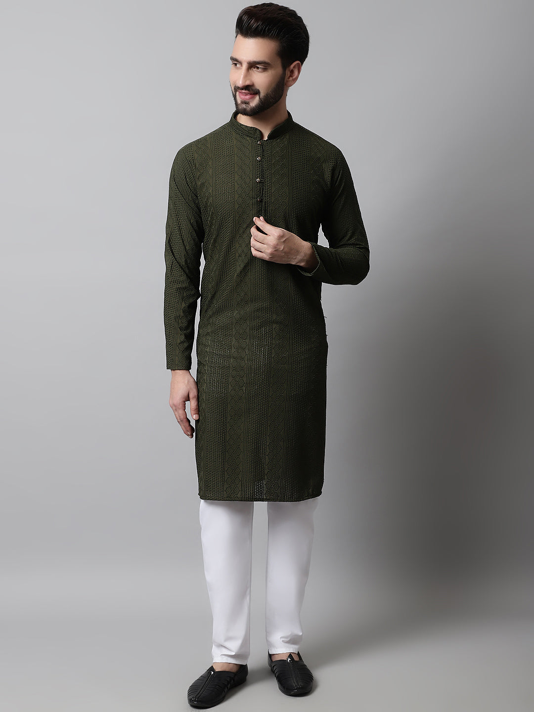 Jompers Men's Embroiderd Kurta Pajama - Olive - Distacart
