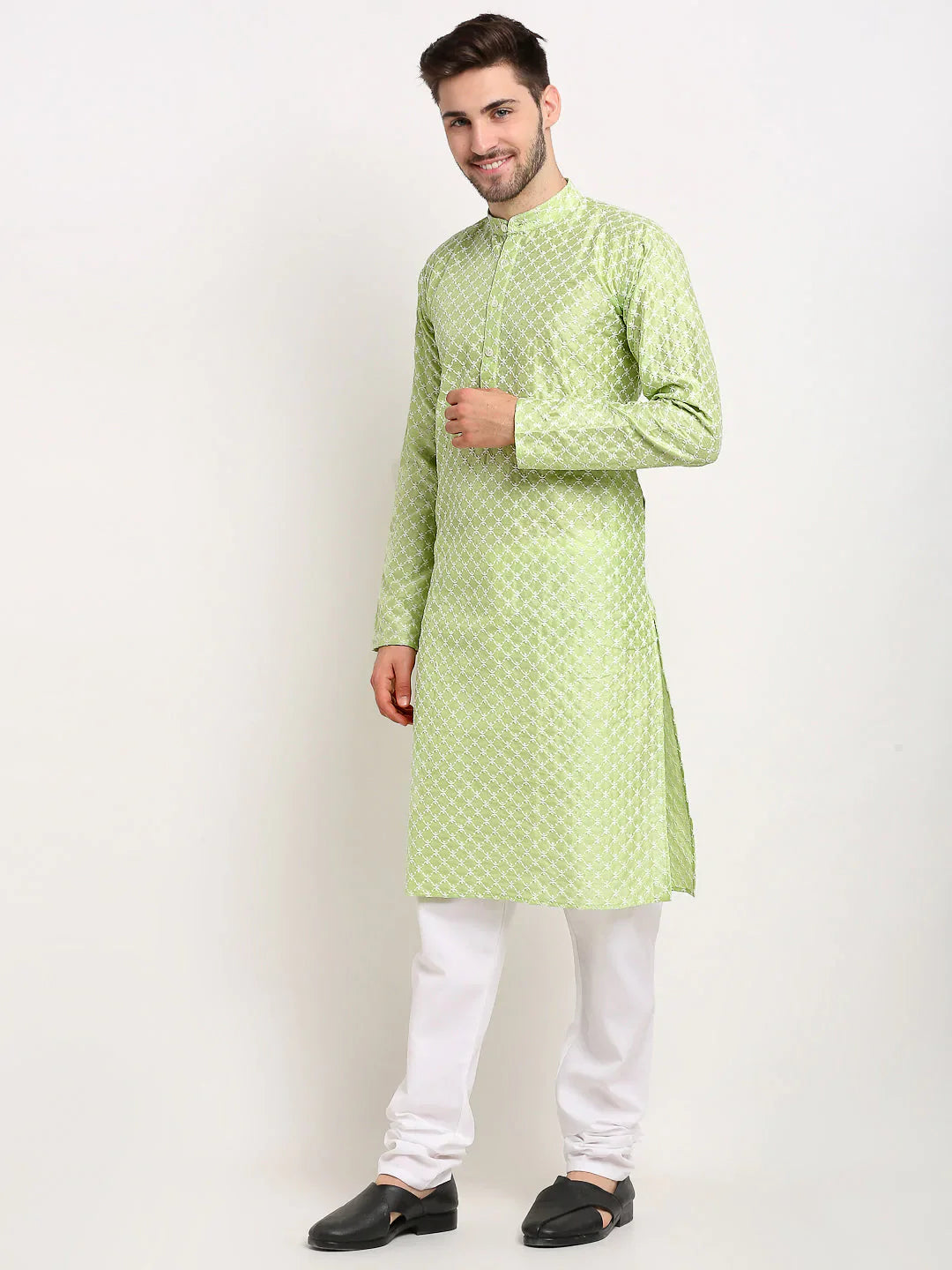 Jompers Men's Green Chikankari Kurta with Churidar - Distacart