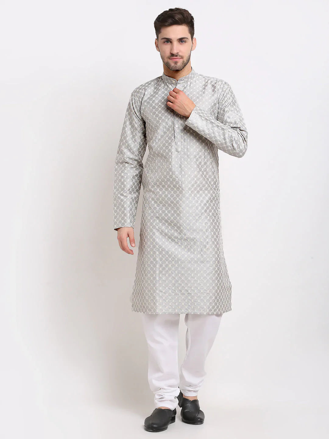 Jompers Men's Grey Chikankari Kurta with Churidar - Distacart