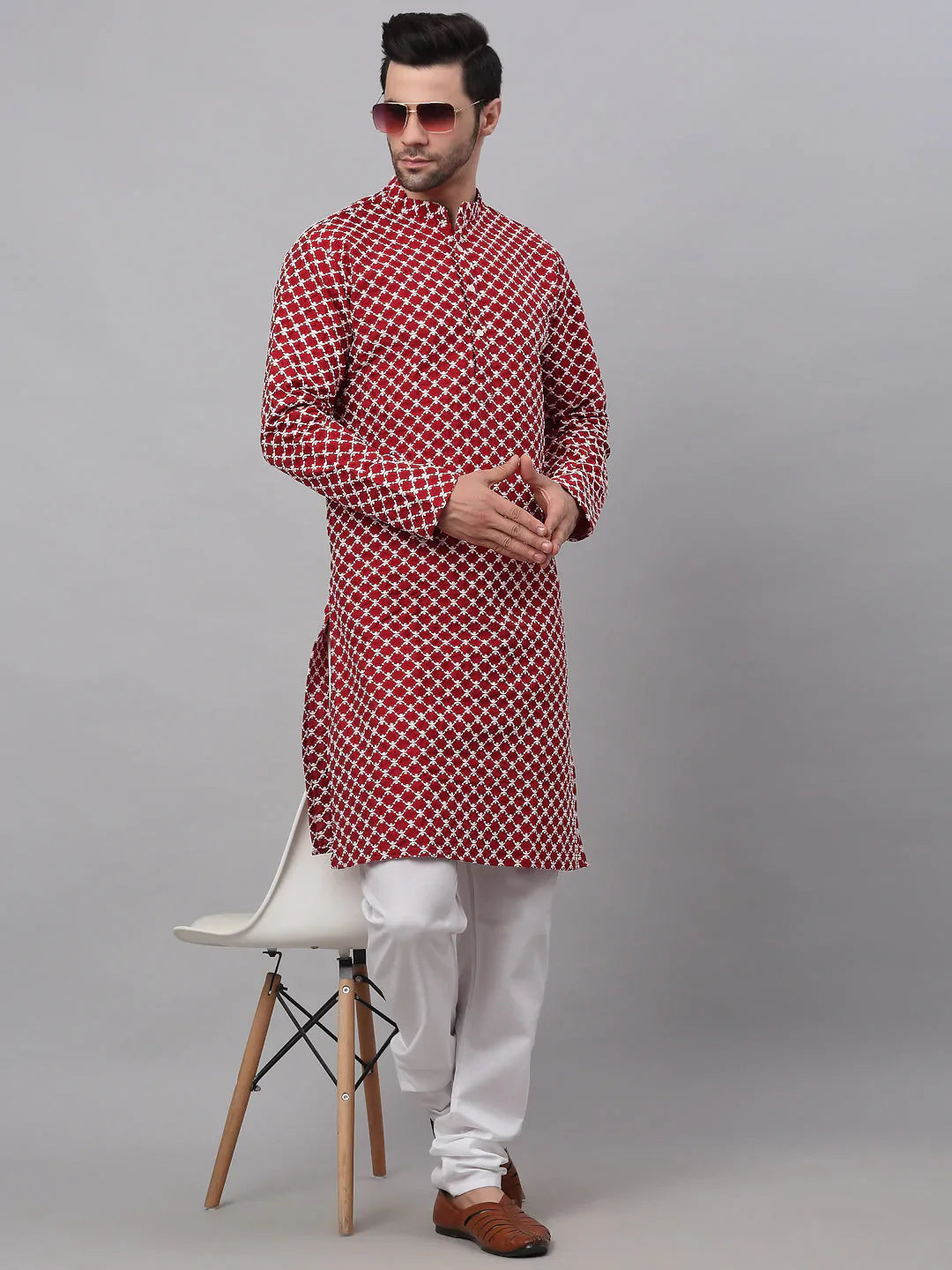 Jompers Men's Maroon Chikankari Kurta with Churidar - Distacart