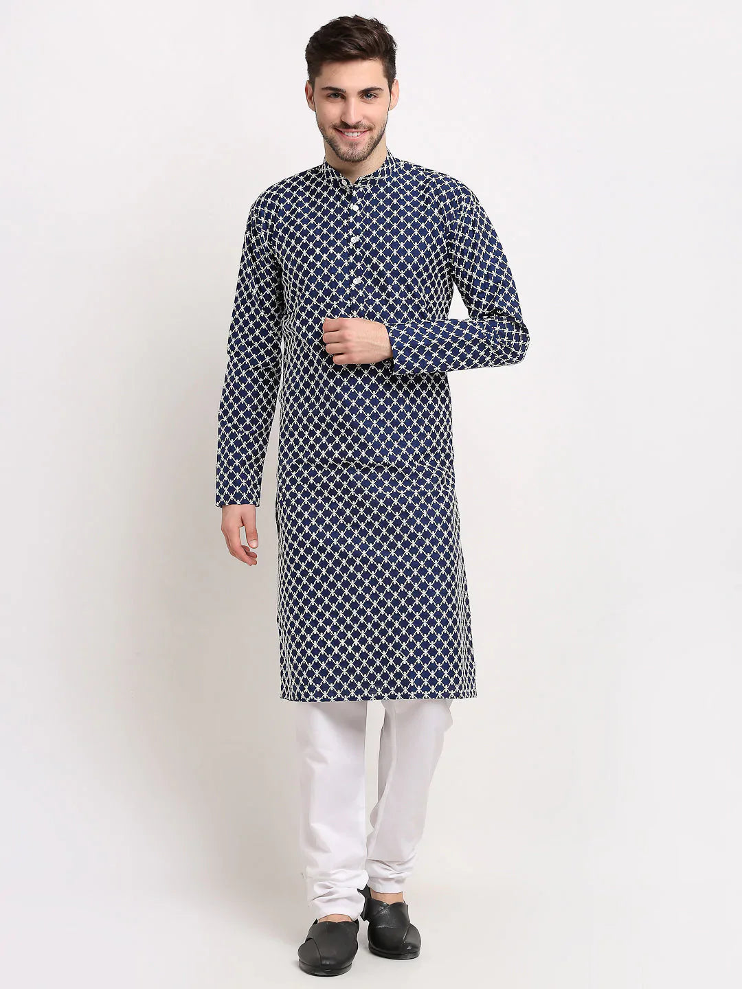 Jompers Men's Navy Blue Chikankari Kurta with Churidar - Distacart