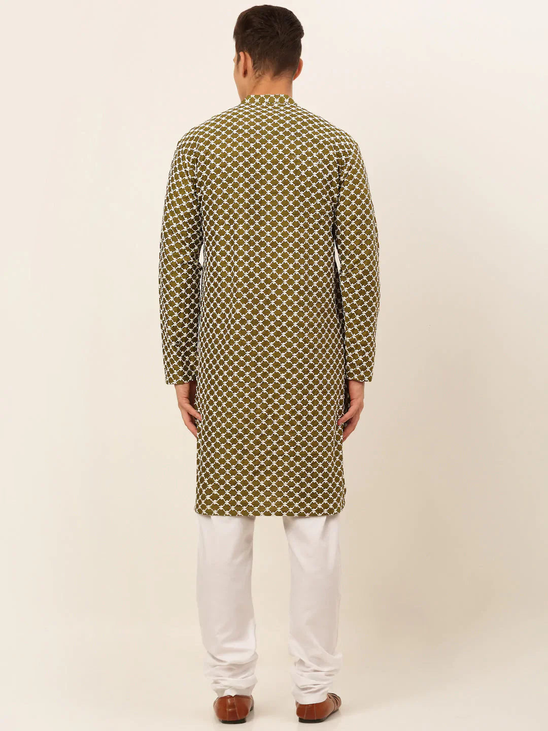 Jompers Men's Olive Green Chikankari Kurta with Churidar - Distacart