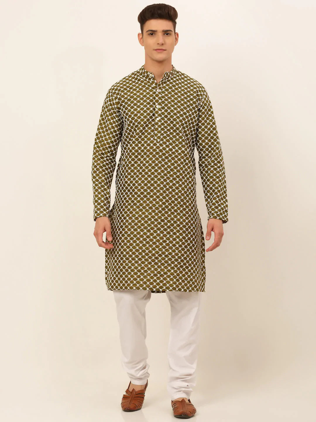 Jompers Men's Olive Green Chikankari Kurta with Churidar - Distacart