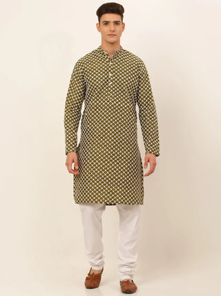 Jompers Men's Olive Green Chikankari Kurta with Churidar - Distacart