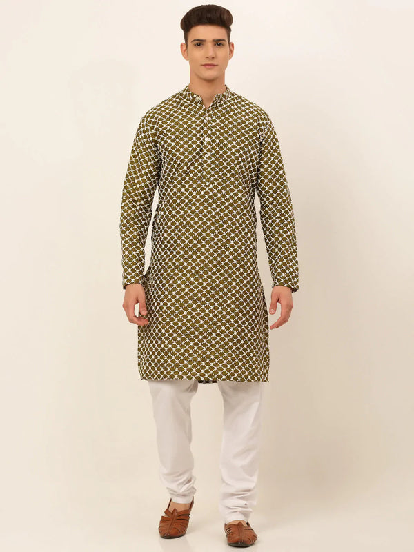 Jompers Men's Olive Green Chikankari Kurta with Churidar - Distacart