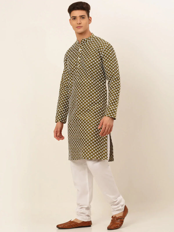 Jompers Men's Olive Green Chikankari Kurta with Churidar - Distacart