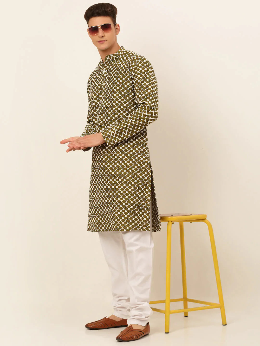 Jompers Men's Olive Green Chikankari Kurta with Churidar - Distacart
