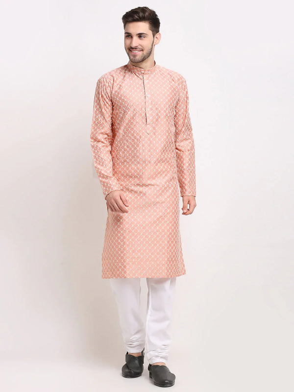 Jompers Men's Peach Chikankari Kurta with Churidar - Distacart