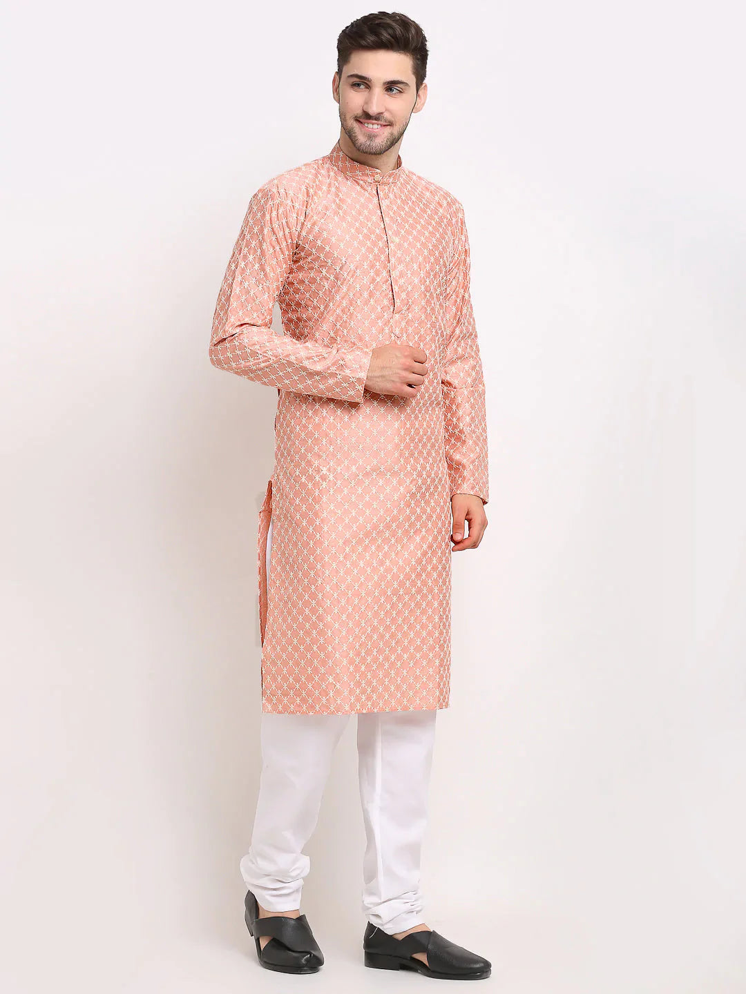 Jompers Men's Peach Chikankari Kurta with Churidar - Distacart