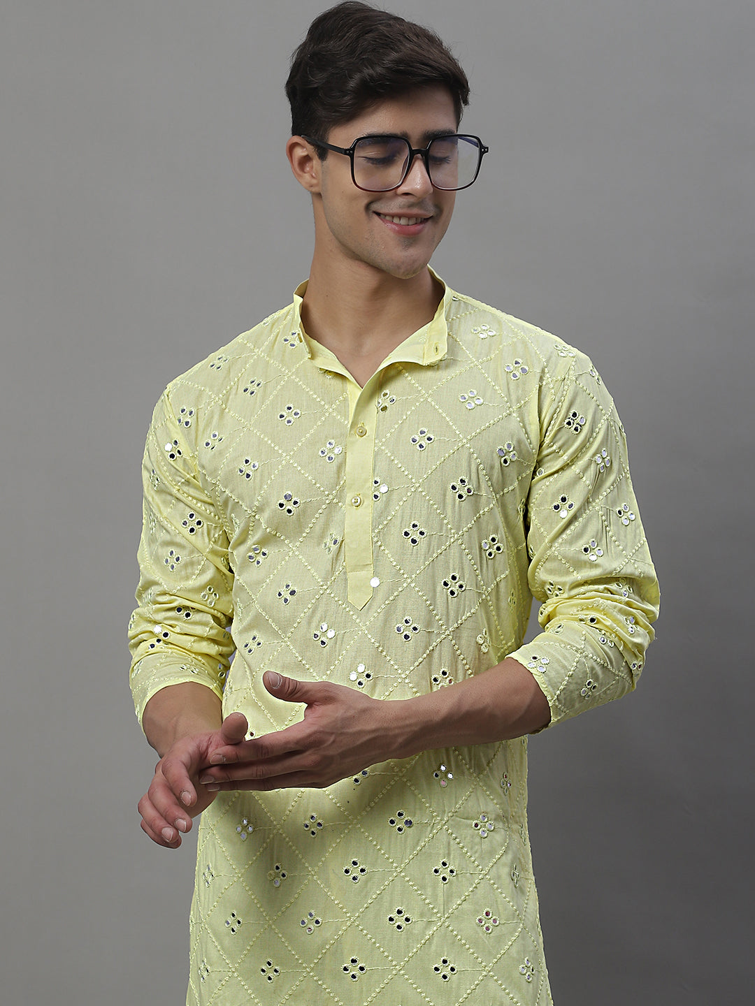 Jompers Men's Embroidered Mirror Work Kurta - Lemon - Distacart