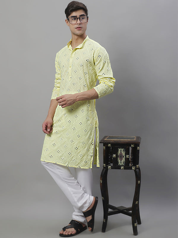 Jompers Men's Embroidered Mirror Work Kurta Payjama Sets - Lemon - Distacart