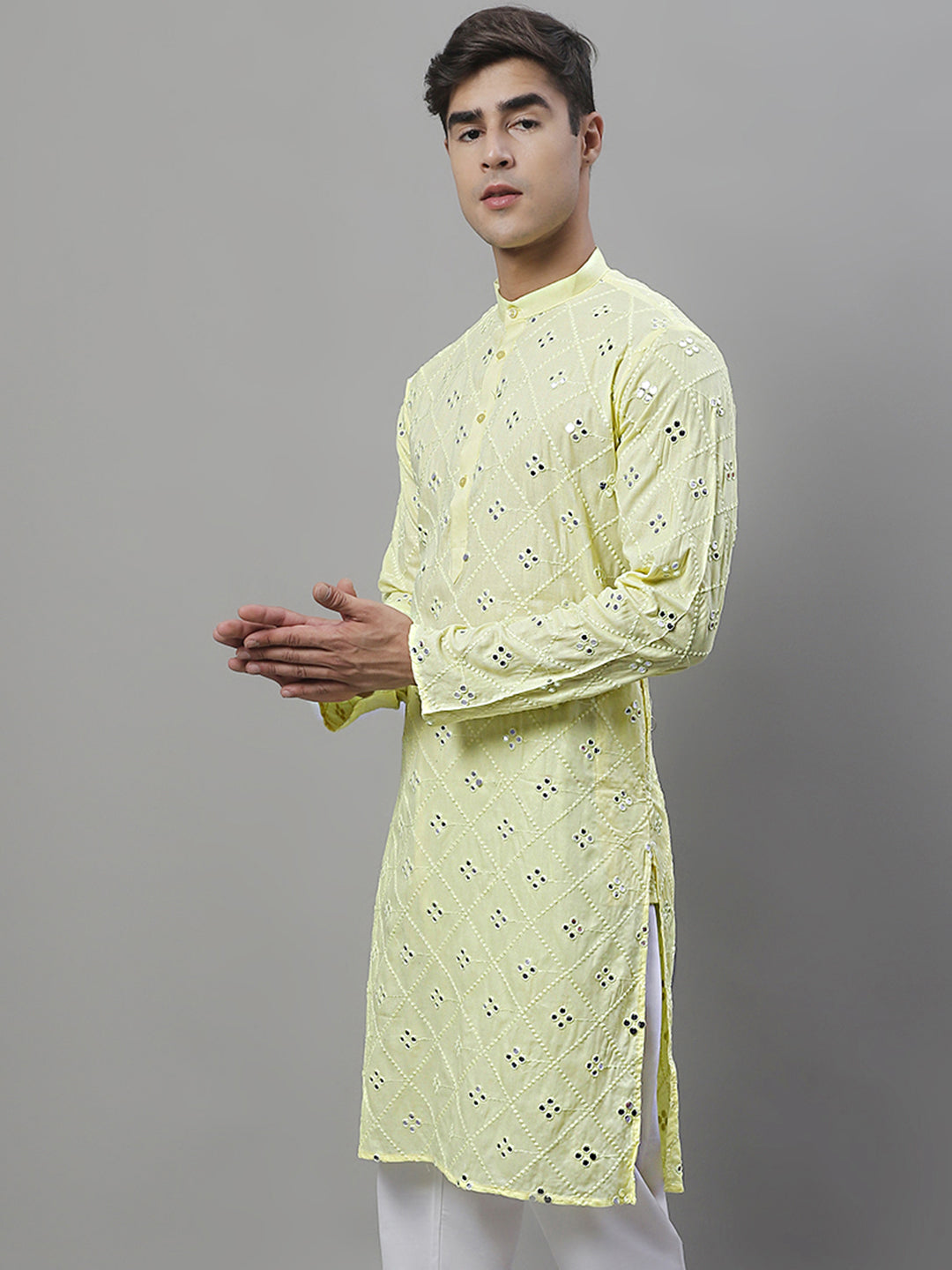 Jompers Men's Embroidered Mirror Work Kurta - Lemon - Distacart