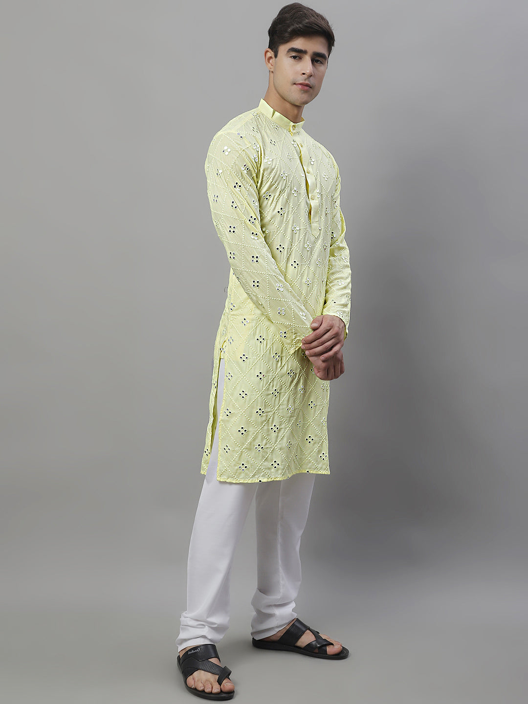 Jompers Men's Embroidered Mirror Work Kurta Payjama Sets - Lemon - Distacart