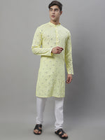 Thumbnail for Jompers Men's Embroidered Mirror Work Kurta Payjama Sets - Lemon - Distacart