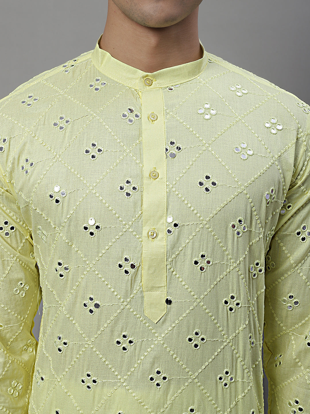 Jompers Men's Embroidered Mirror Work Kurta Payjama Sets - Lemon - Distacart
