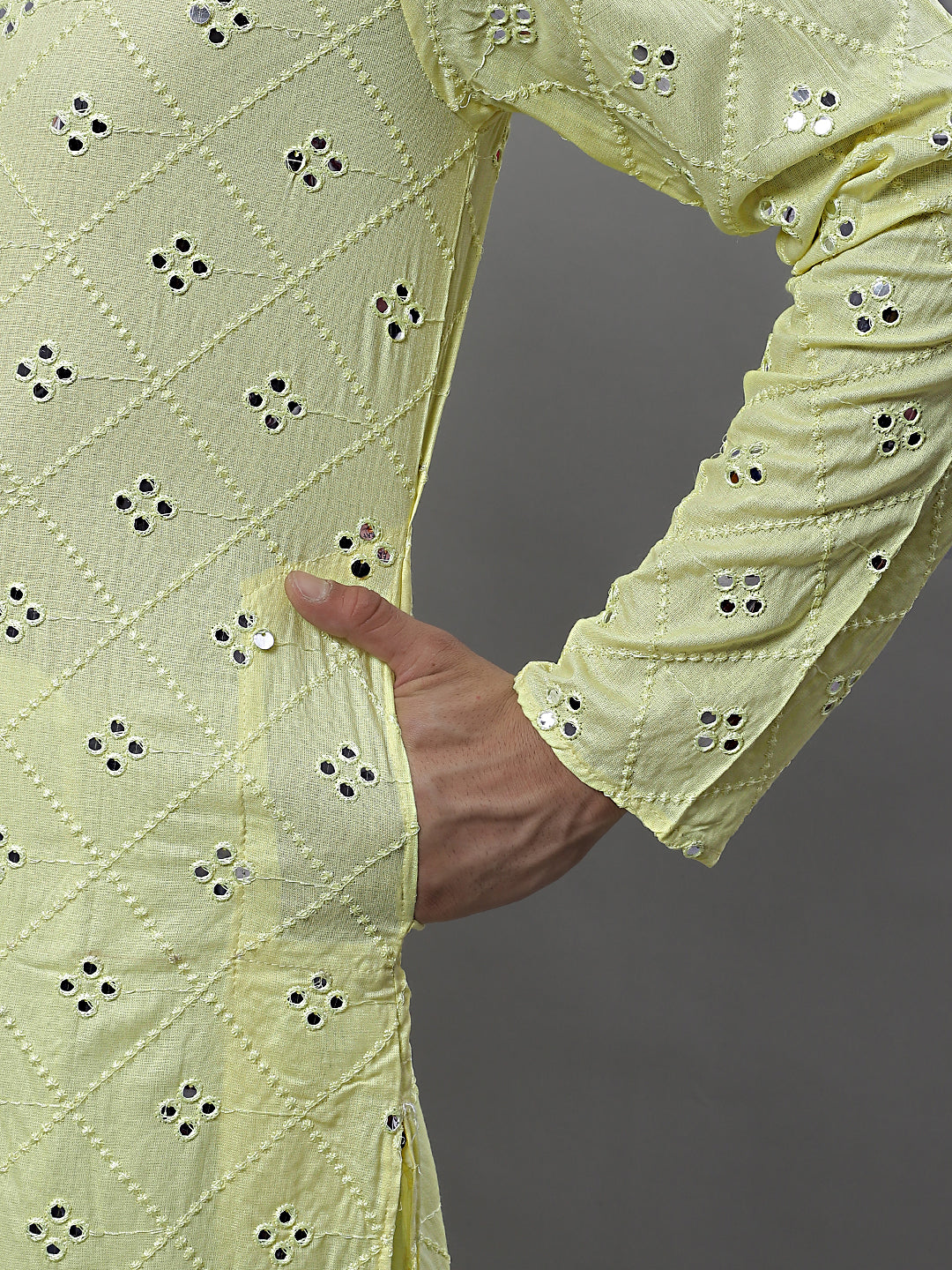 Jompers Men's Embroidered Mirror Work Kurta Payjama Sets - Lemon - Distacart