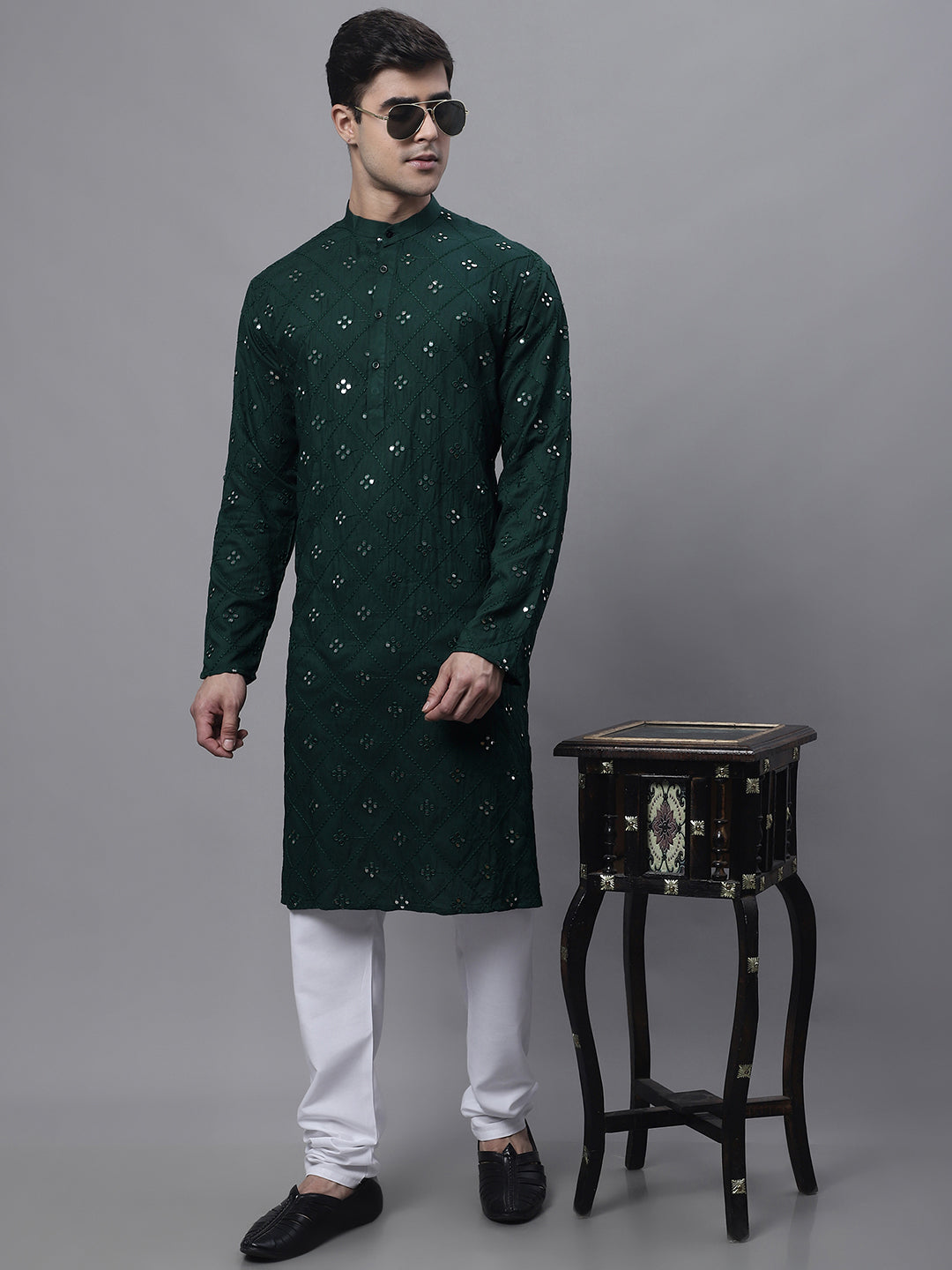 Jompers Men's Olive Green Embroidered Mirror Work Kurta Pyjama - Distacart