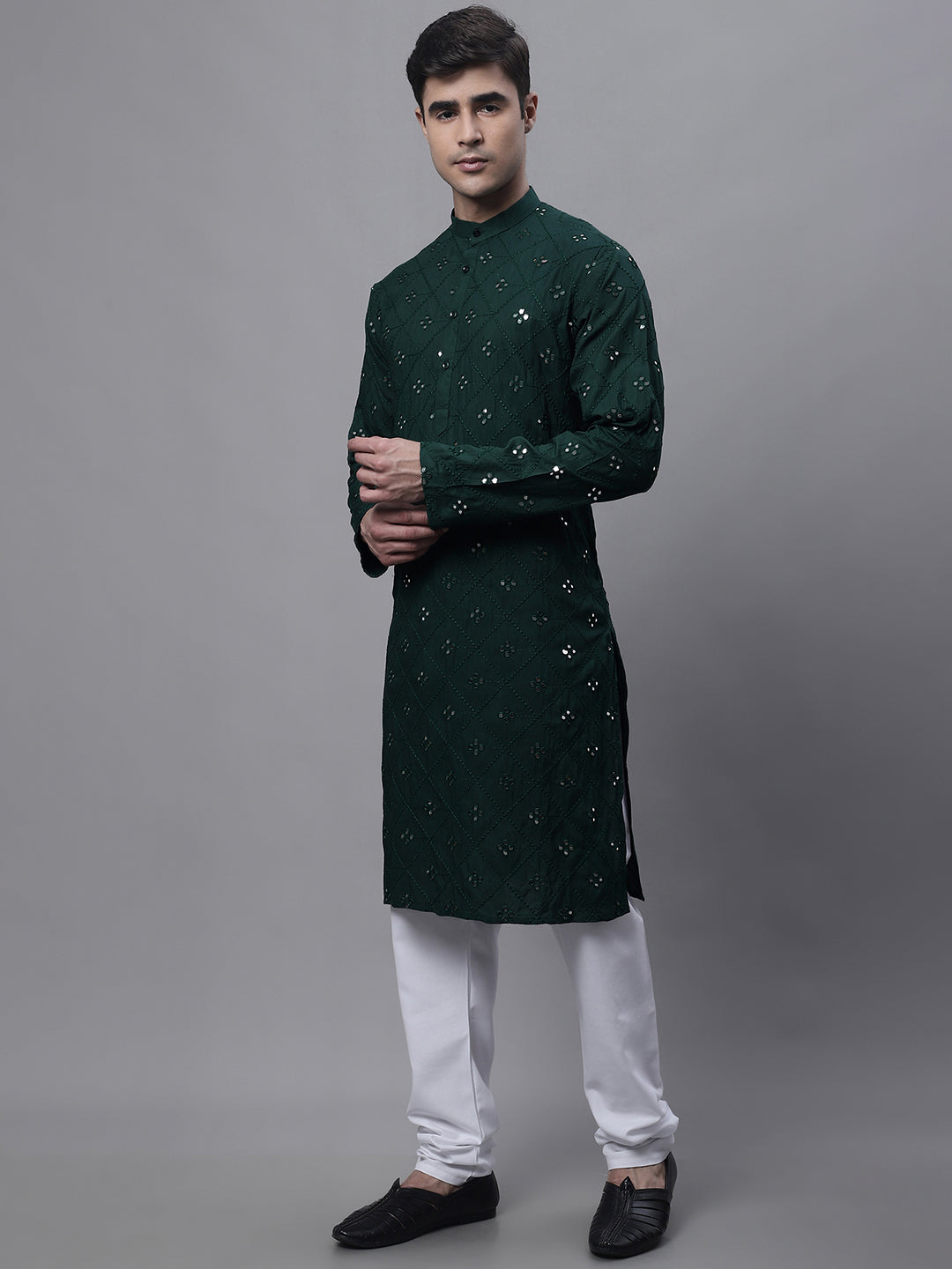 Jompers Men's Olive Green Embroidered Mirror Work Kurta Pyjama - Distacart