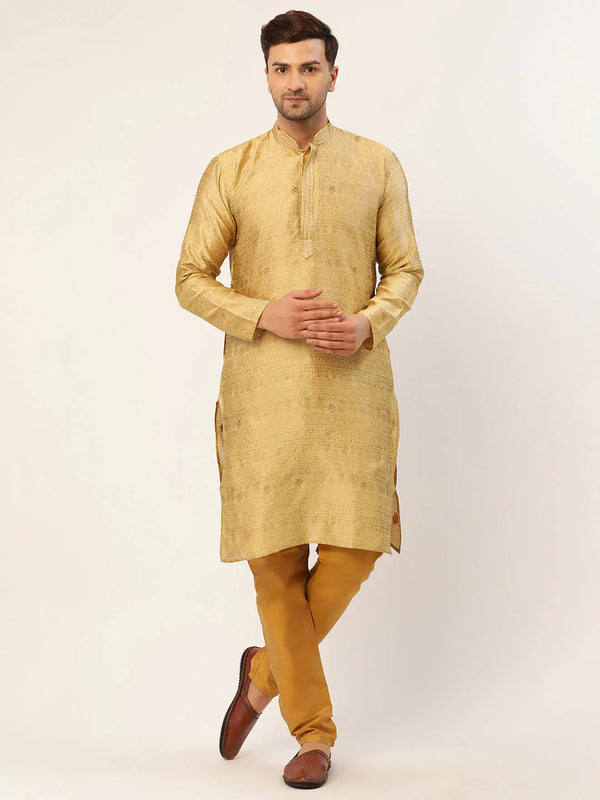 Jompers Men's Beige Coller Embroidered Woven Design Kurta Pyjama - Distacart