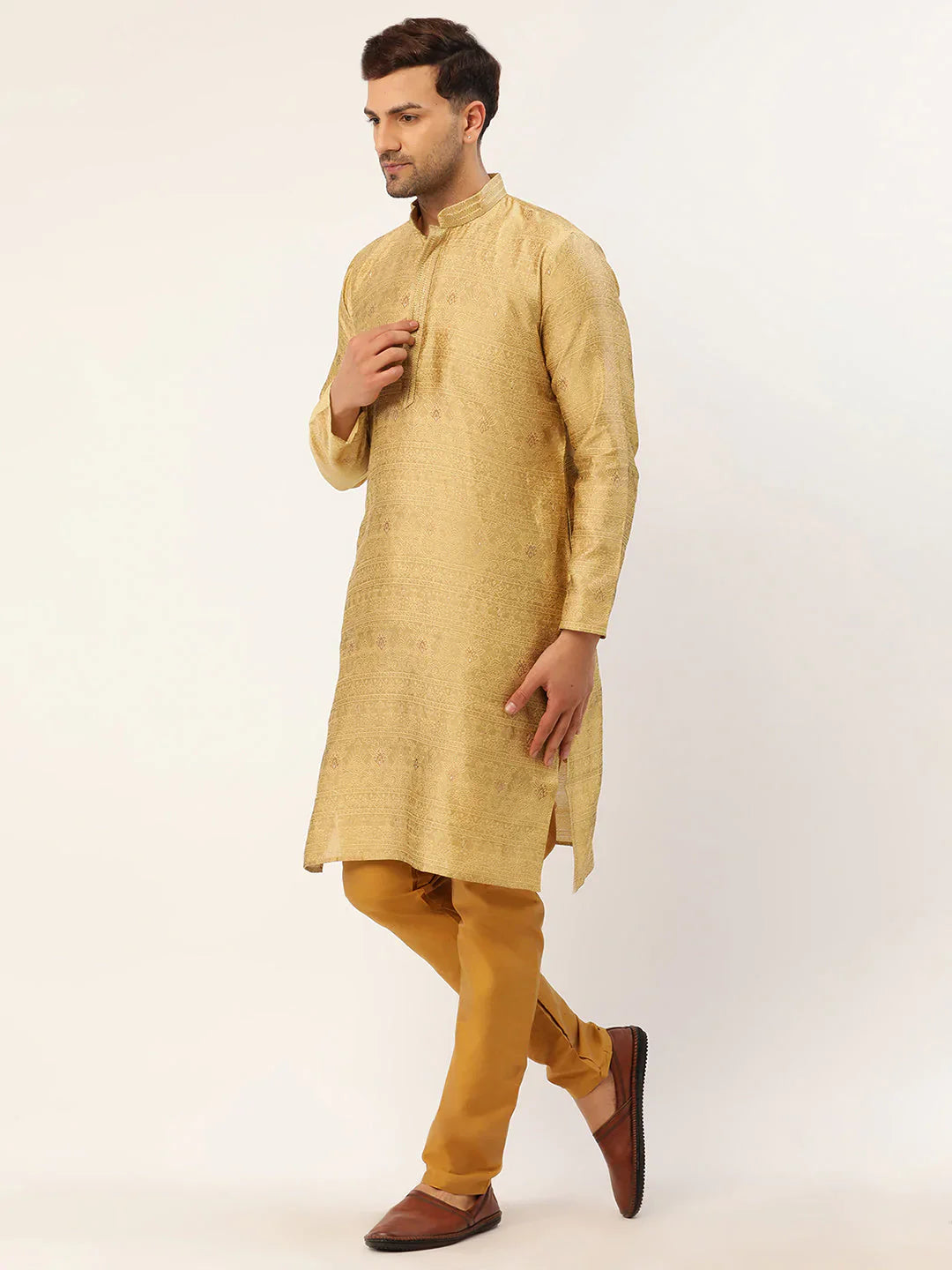 Jompers Men's Beige Coller Embroidered Woven Design Kurta Pyjama - Distacart