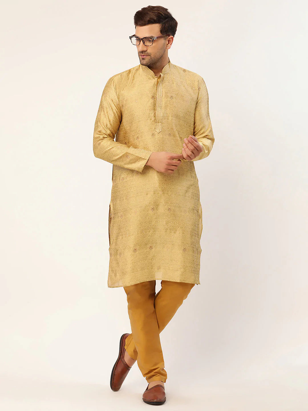 Jompers Men's Beige Coller Embroidered Woven Design Kurta Pyjama - Distacart