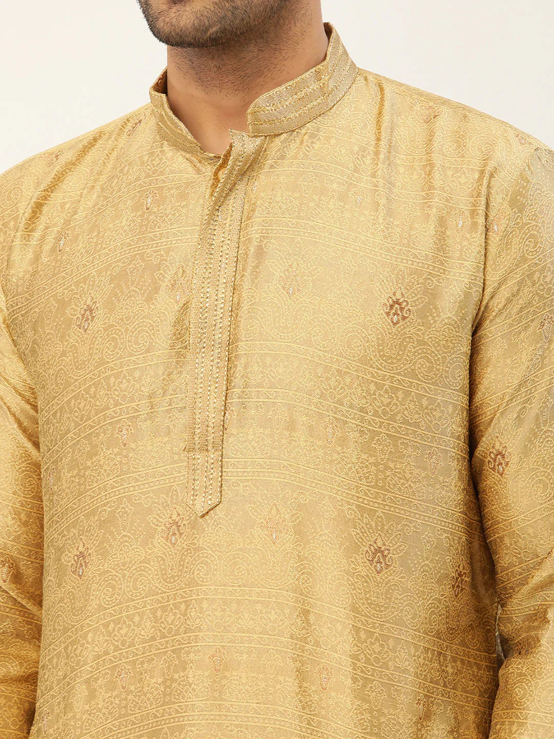 Jompers Men's Beige Coller Embroidered Woven Design Kurta Pyjama - Distacart