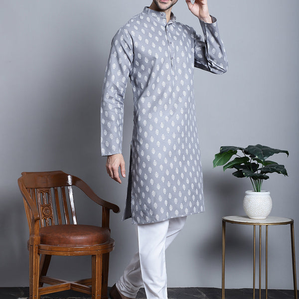 Jompers Men's Cotton Floral printed kurta Pyjama - Dark-Grey - Distacart